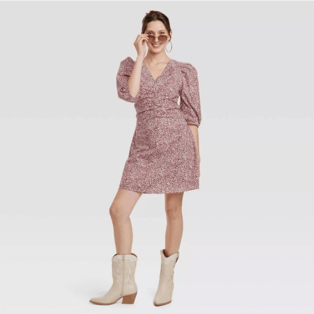Universal‎ Thread Pink Brown Print Elbow Puff Sleeve Ruched Mini Dress Size 6